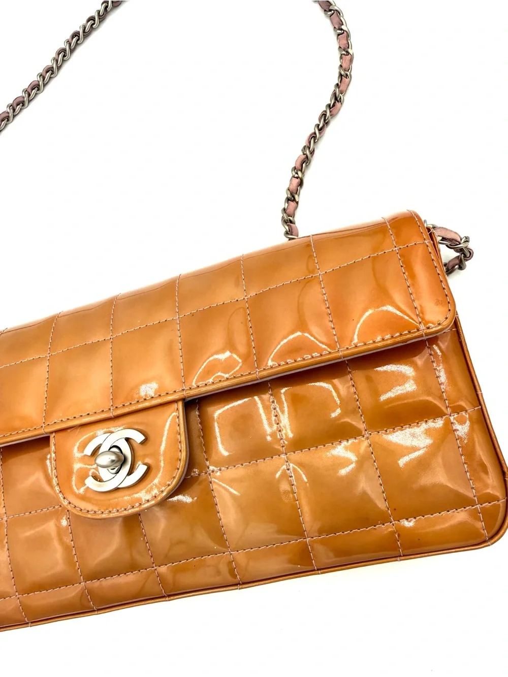CHANEL Quilted Orange Patent Leather Chocolate Bar CC Flap Bag